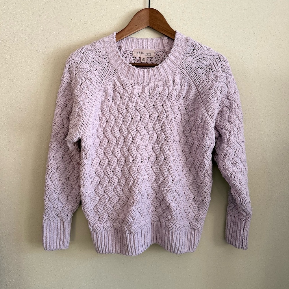 Philosophy Lilac Cable Knit Sweater Chunky Cotton Crewneck Cozy Knit small